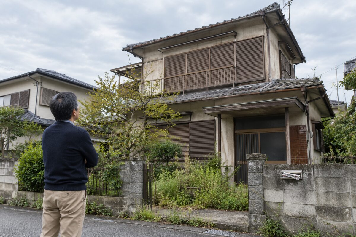 誰も住まなくなった実家の前で、空き家の管理を続けるか手放すか考える所有者