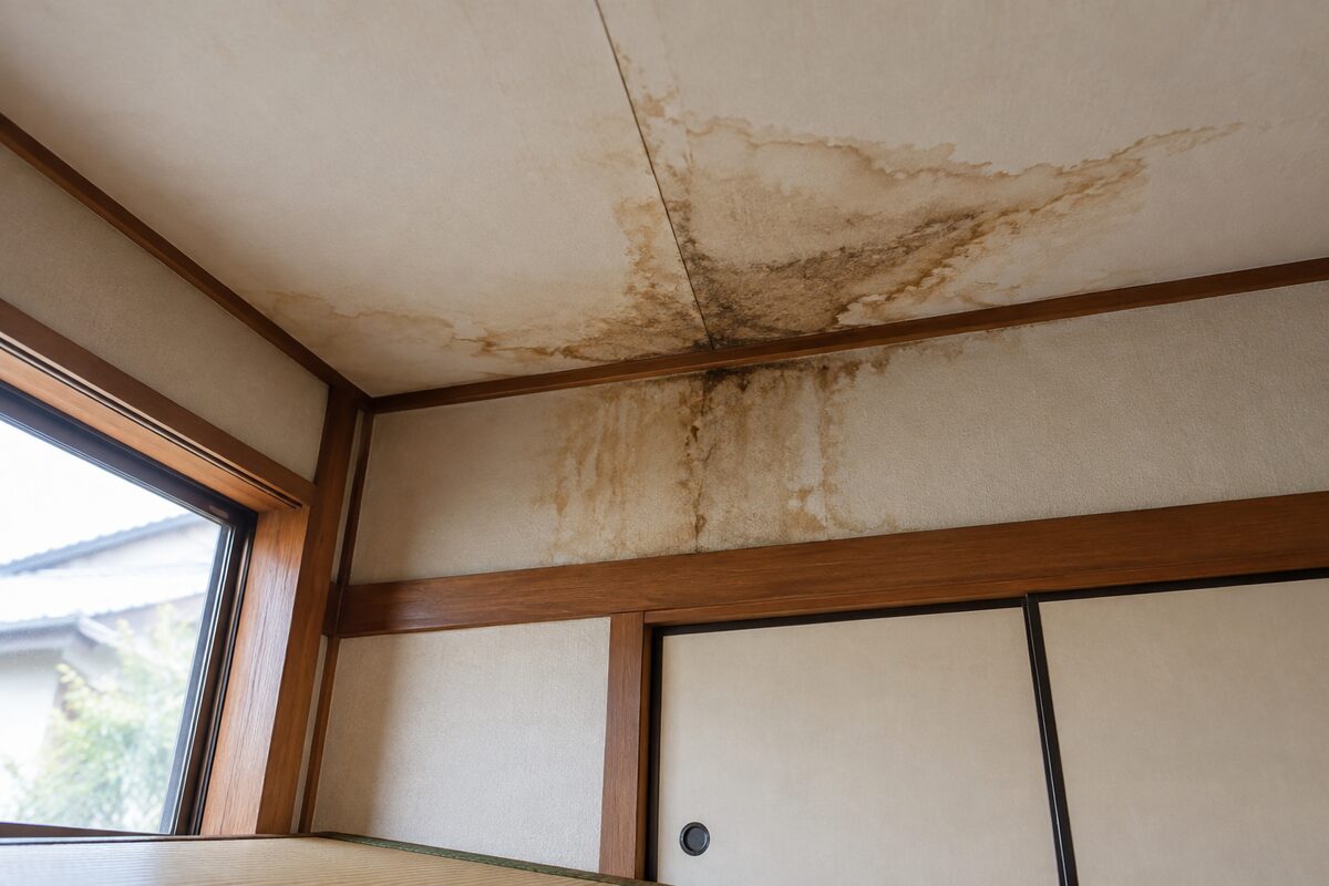 天井に雨漏りのしみが残る、売却を検討している築古の一戸建て
