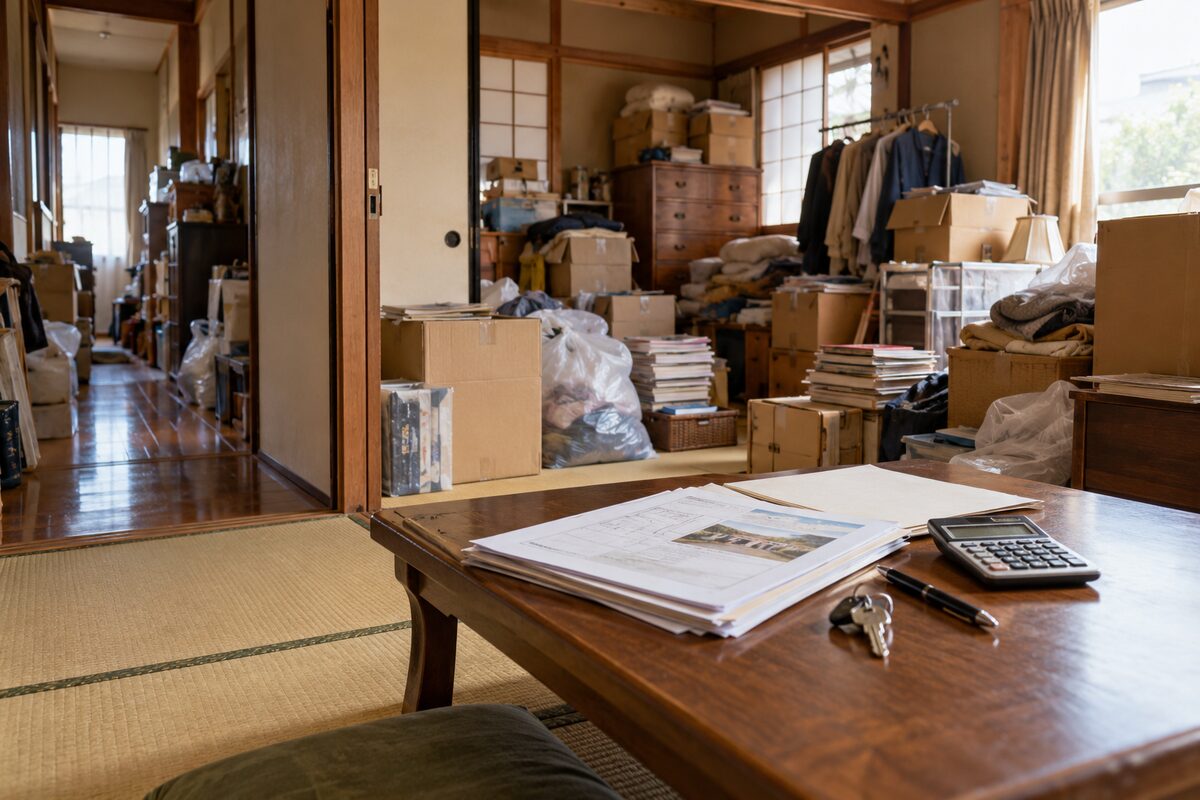 物があふれたゴミ屋敷と、片付けずに売る・片付けて売る・解体して売るの3つの選択肢のイメージ