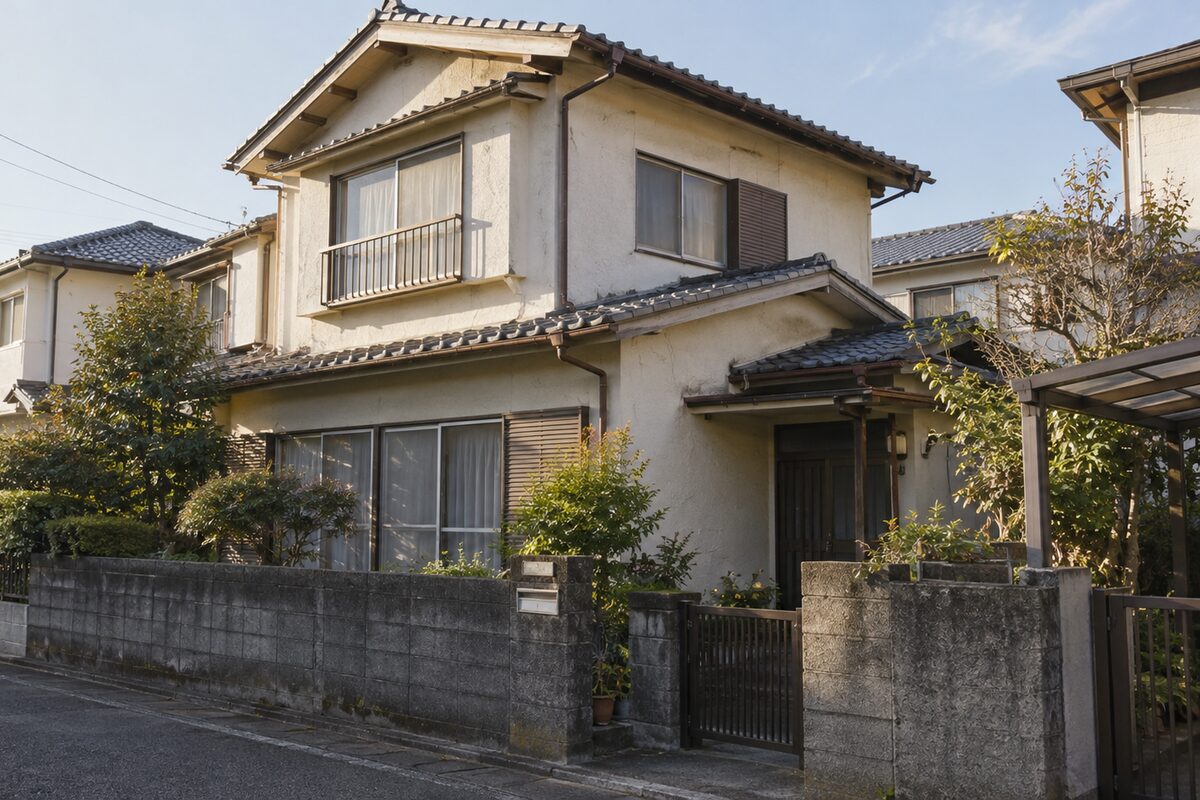 検査済証が見当たらない、築40年ほどの木造2階建て一戸建ての外観
