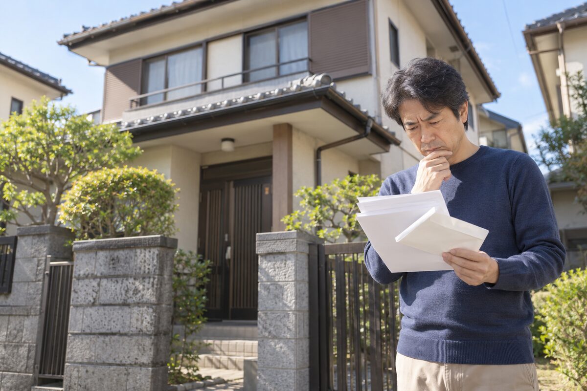 共有名義の一戸建てと、共有物分割請求の通知書を手にして対応を考える共有者